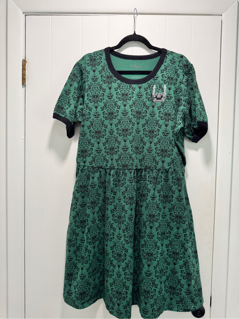Disney Haunted Mansion- Green Short-Sleeve Patterned Knit Dress with Black Trim